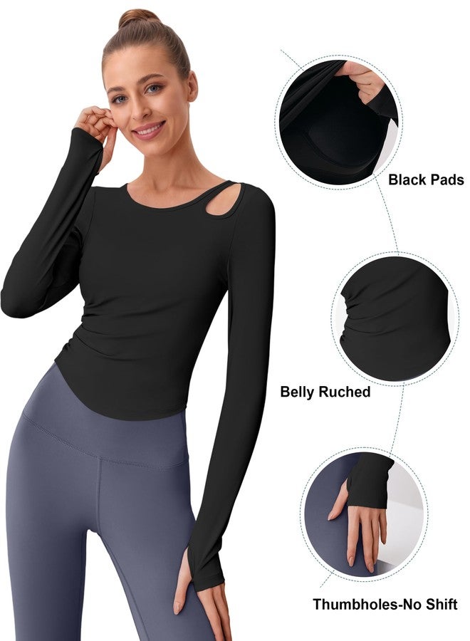 BMJL Womens Workout Tops Built in Bra Active Long Sleeve T Shirt Yoga Athletic Gym Clothes Ruched Fall Shirts 2025(M,Black - Image 2
